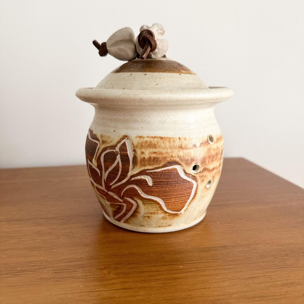 Vintage Studio Pottery Garlic Keeper Lidded Ceramic Jar Boho Folk Home Decor